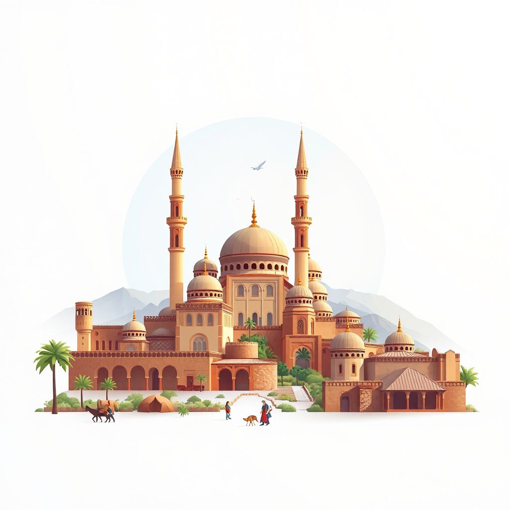 Ultra-high-definition gradient illustration style Commune d'Ouarizane illustration, showing the unique charm of the Great Mosque of Relizane, the historic ruins of Tiddis, and the local cuisine couscous.