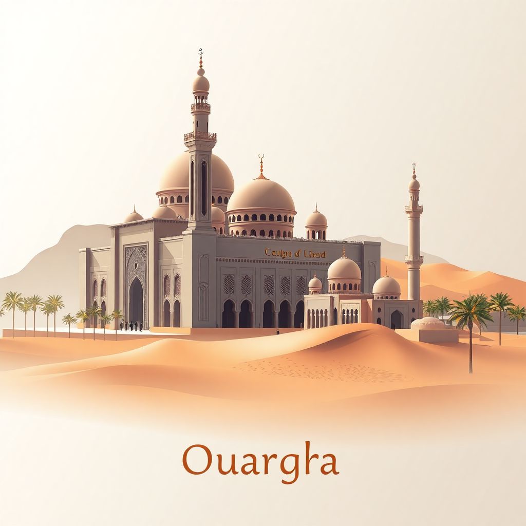 Ultra-high-definition gradient illustration of Ouargla, Algeria, featuring the Grand Mosque of Ouargla and the Sahara Desert.