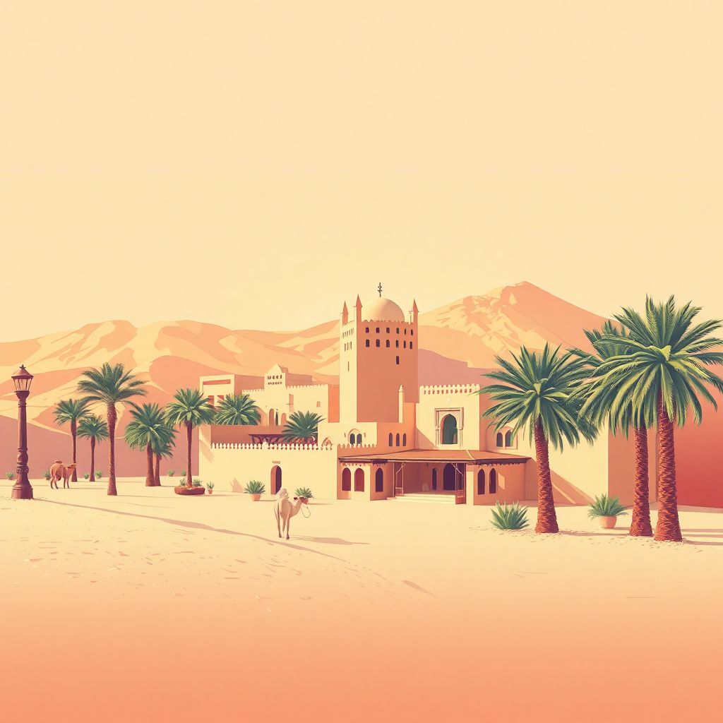 Ultra-high-definition gradient illustration of Daira d'Ouargla, featuring the Sahara Desert, traditional Berber architecture, and date palm trees.