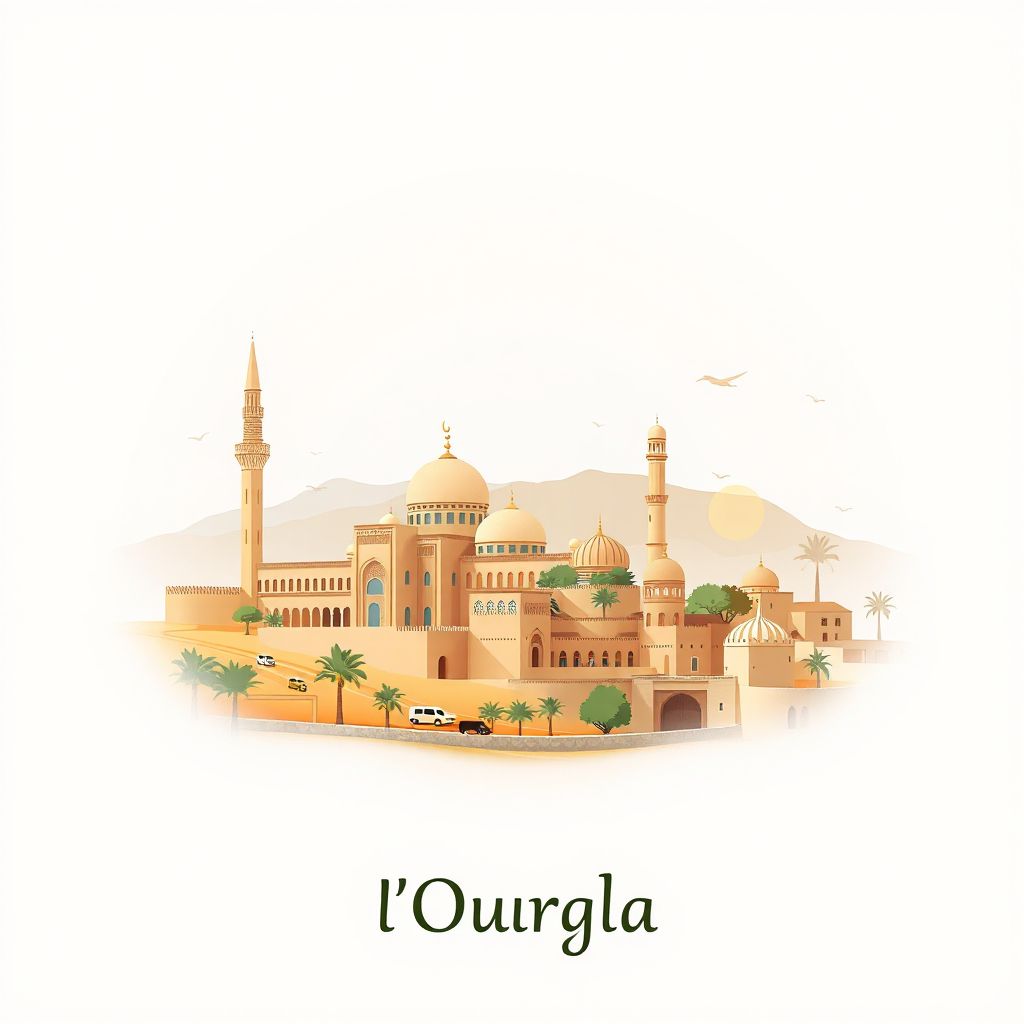 Ultra-high-definition gradient illustration style Commune d'Ouargla illustration, showing the unique charm of the Ouargla Mosque, the ancient ksour, and the Sahara Desert.