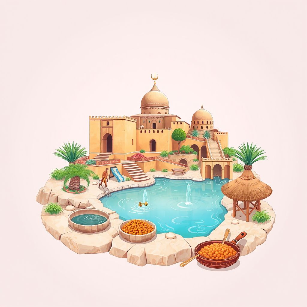 Ultra-high-definition gradient illustration of Commune d'Ouanougha, showing the Hammam Dalaa Hot Springs, the historic ruins of Tiddis, and traditional Algerian cuisine like couscous.