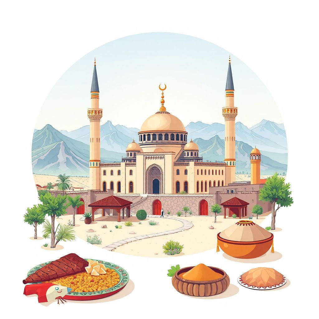 Ultra-high-definition gradient illustration style Commune d'Ouamri illustration, showing the unique charm of the Ouamri Mosque and the surrounding mountains.