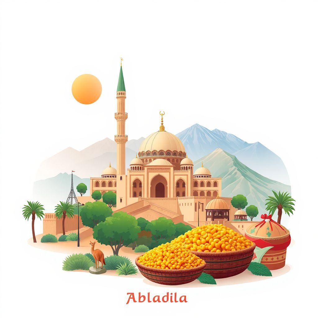 Ultra-high-definition gradient illustration style Commune d'Ouadhia illustration, showing the unique charm of the Great Mosque of Tizi Ouzou and Djurdjura National Park.