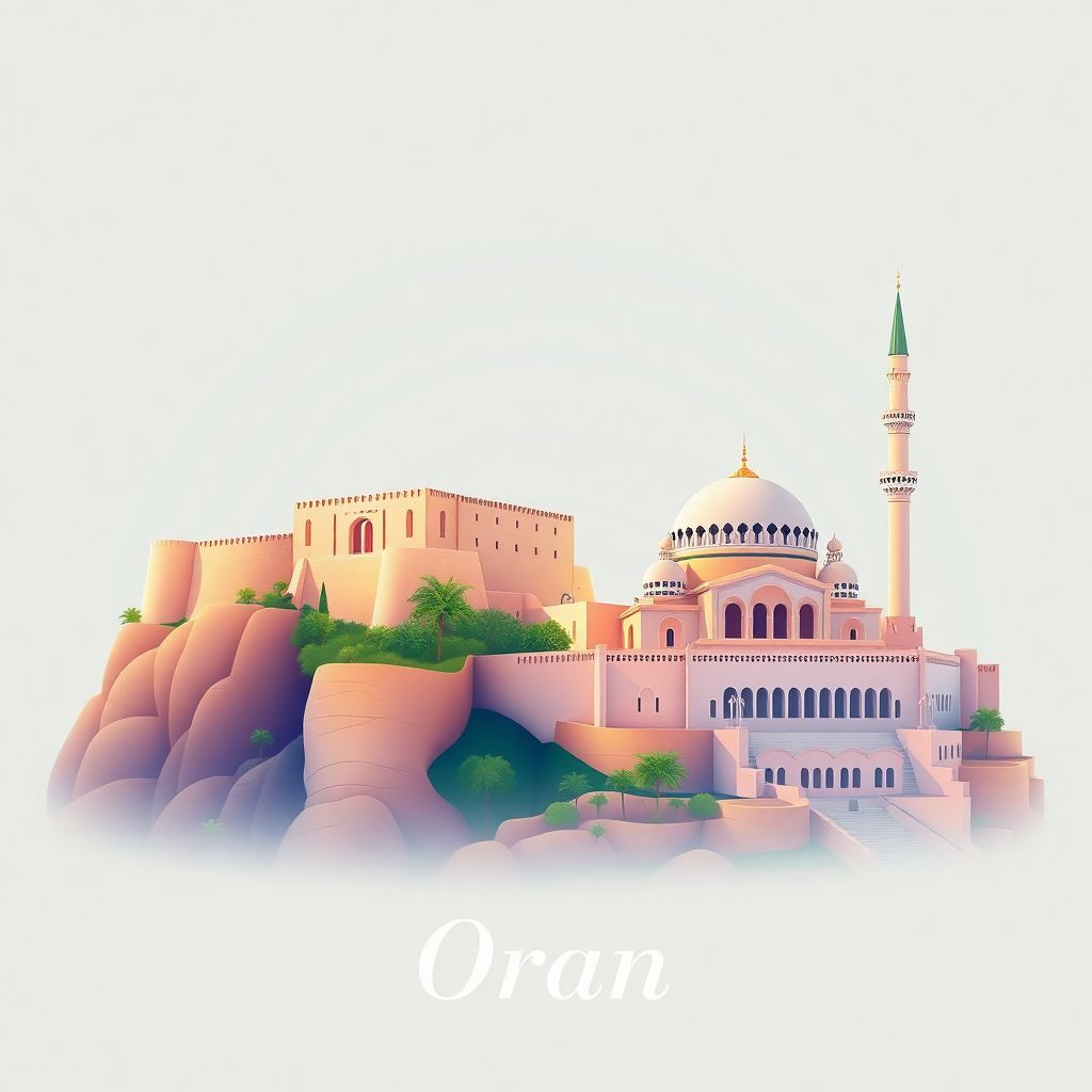 Ultra-high-definition gradient illustration of Oran, Algeria, featuring the Santa Cruz Fort and the Grand Mosque of Oran.