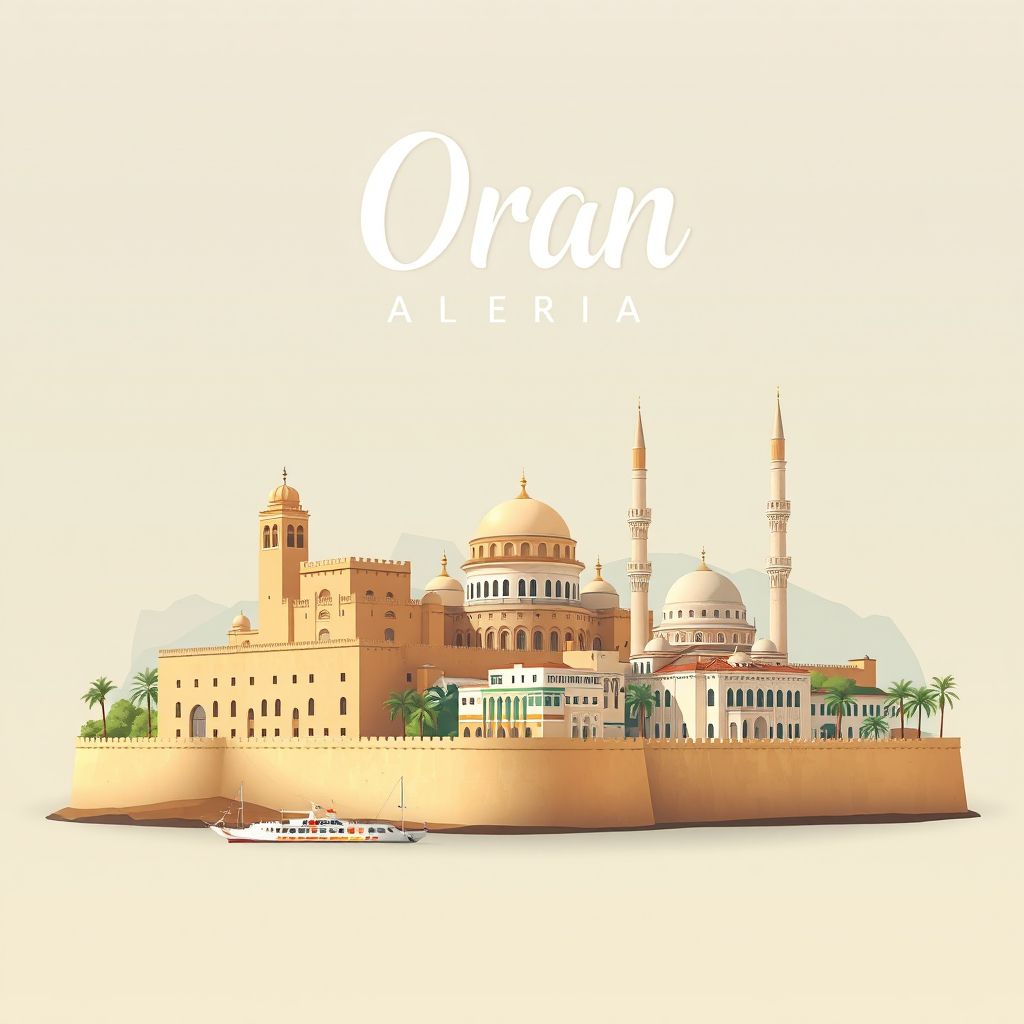 Ultra-high-definition gradient illustration style Oran, Algeria artwork, featuring the Santa Cruz Fort, the Bey's Palace, and the Grand Mosque.