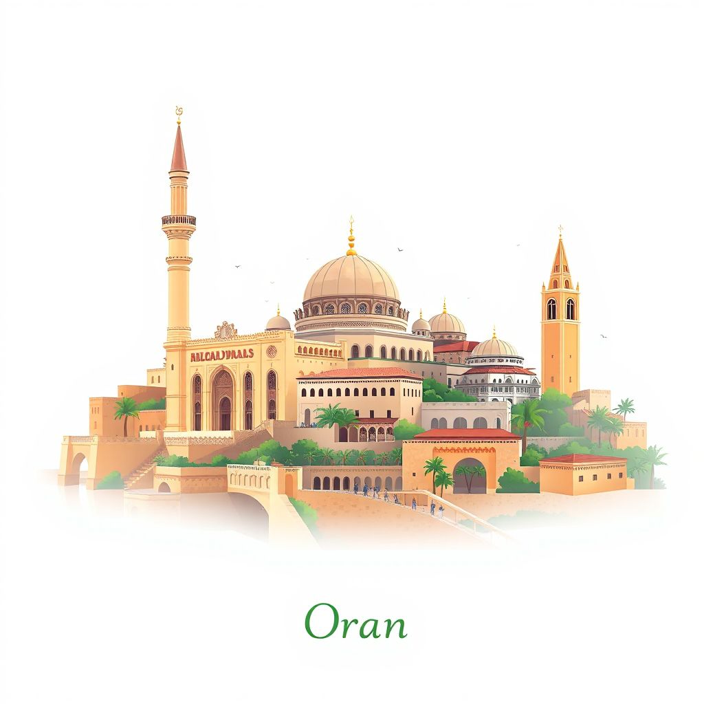 Gradient illustration of Oran, featuring the Great Mosque of Oran, Santa Cruz Church, and the historic Casbah of Oran.