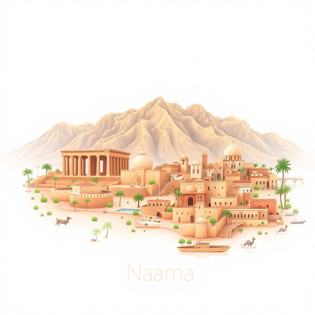 Ultra-high-definition gradient illustration style Naama illustration, showing the unique charm of the ancient ruins of Frenda, the Zaccar Mountains, and traditional Berber architecture.