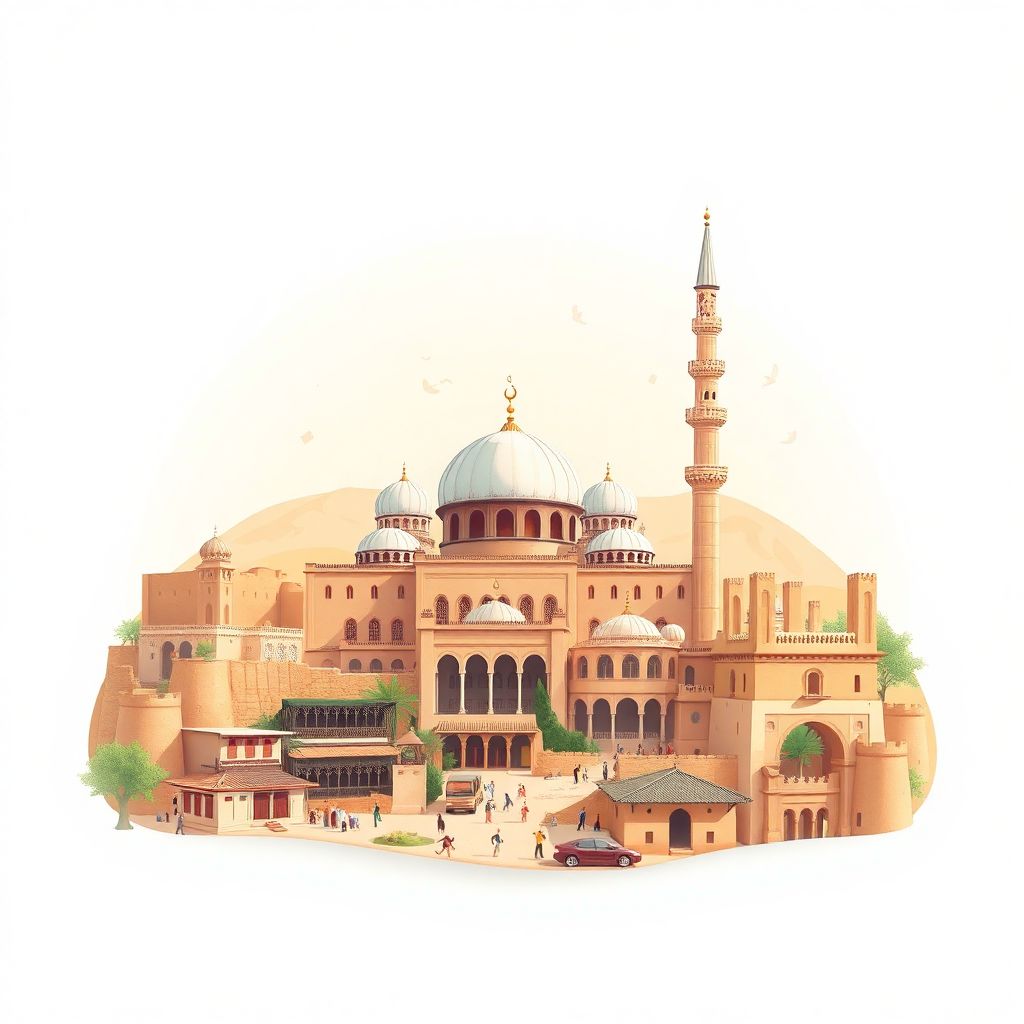 Ultra-high-definition gradient illustration style M'sila illustration, showing the unique charm of the M'sila Mosque, traditional markets, and ancient ruins.