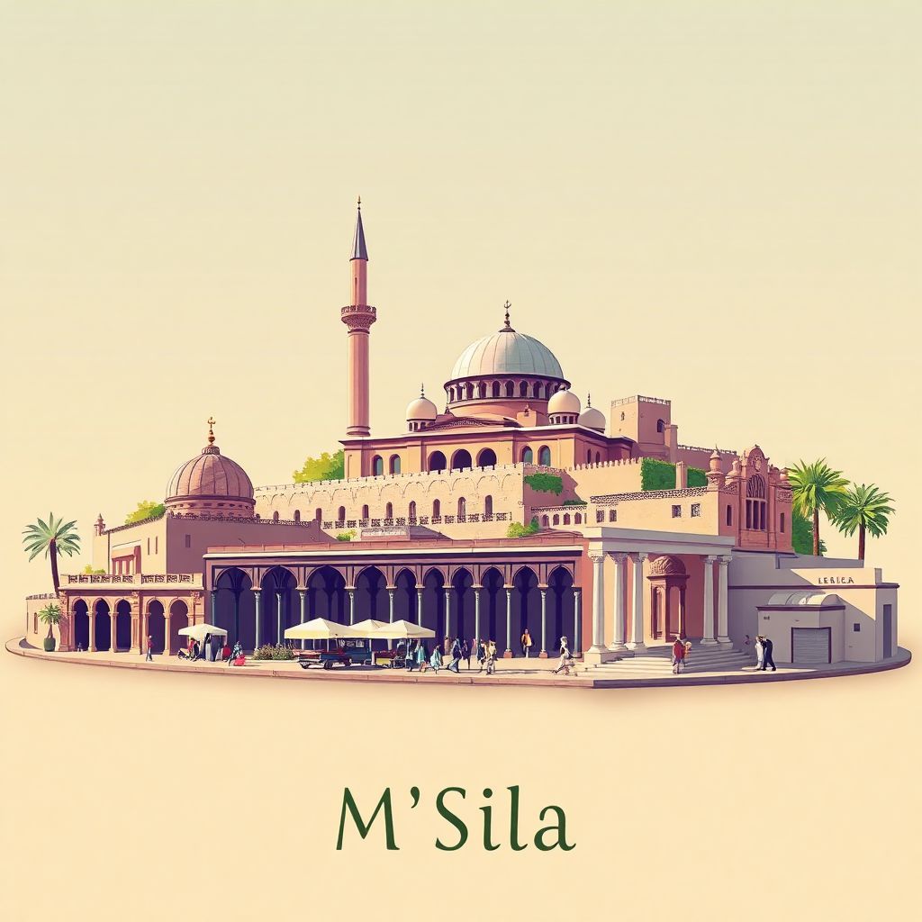 Ultra-high-definition gradient illustration style M'Sila illustration, showing the unique charm of the M'Sila Mosque, ancient Roman ruins, and the local market.