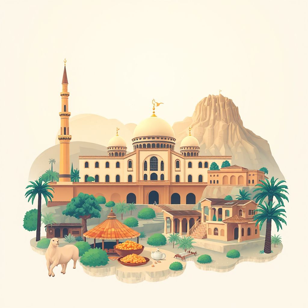 Ultra-high-definition gradient illustration style Commune de M'Sila illustration, showing the unique charm of the Great Mosque of M'Sila, the ancient ruins of Djebel Bou Aiche, and traditional Algerian cuisine like couscous.