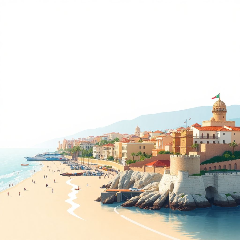 Ultra-high-definition gradient illustration style Mostaganem illustration, showing the unique charm of Mostaganem Beach, the Hassan Tower, and the historic old town.