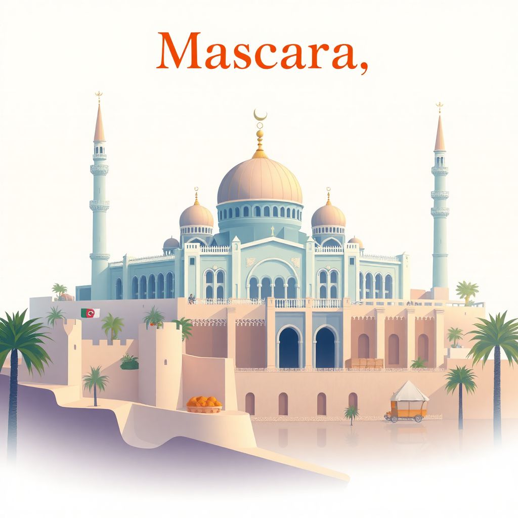 Ultra-high-definition gradient illustration style Mascara, Algeria, featuring the Grand Mosque of Mascara, historic city walls, and traditional Algerian couscous.
