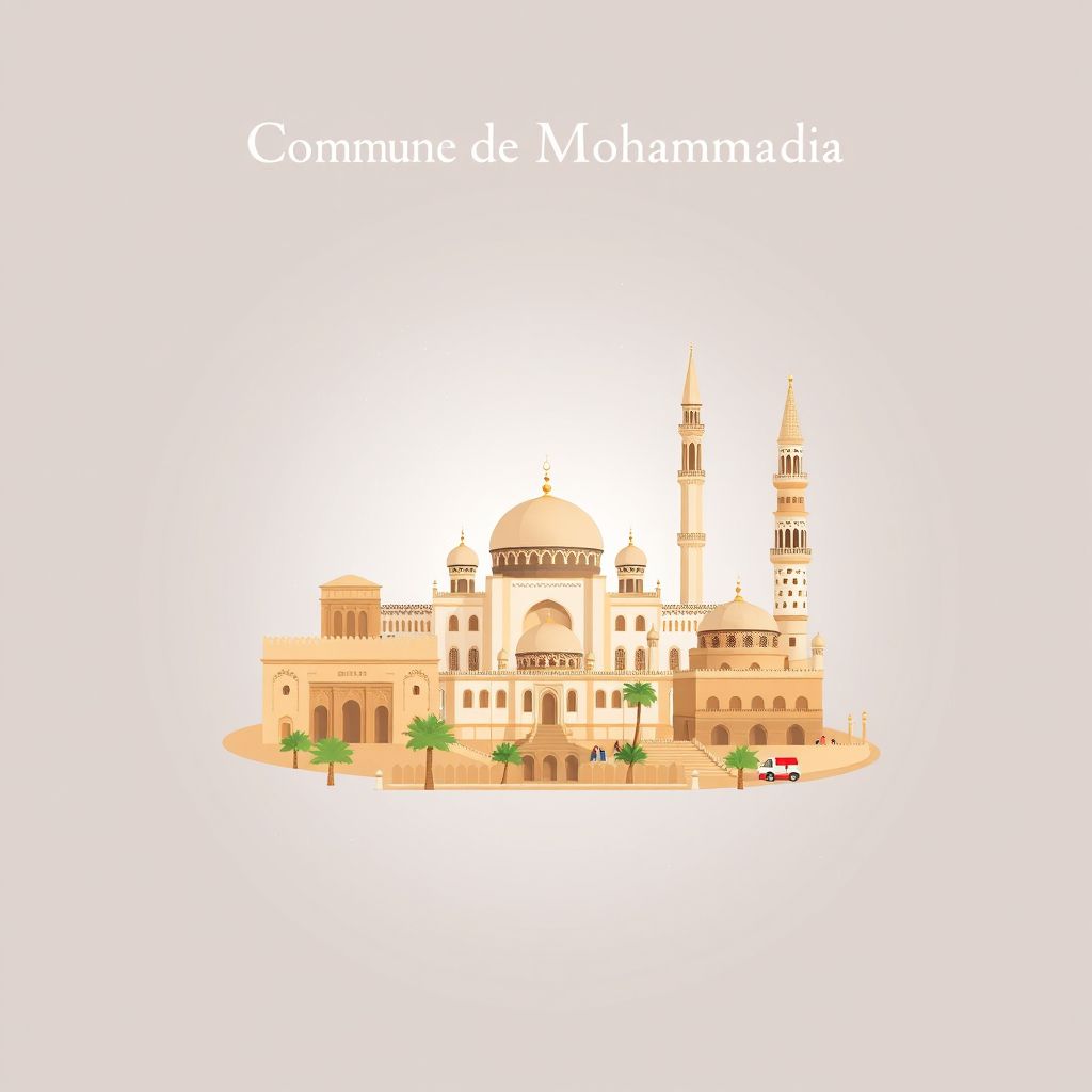 Ultra-high-definition gradient illustration style Commune de Mohammadia illustration, showing the unique charm of the Great Mosque of Mascara, and the historic ruins of Tamentfoust.