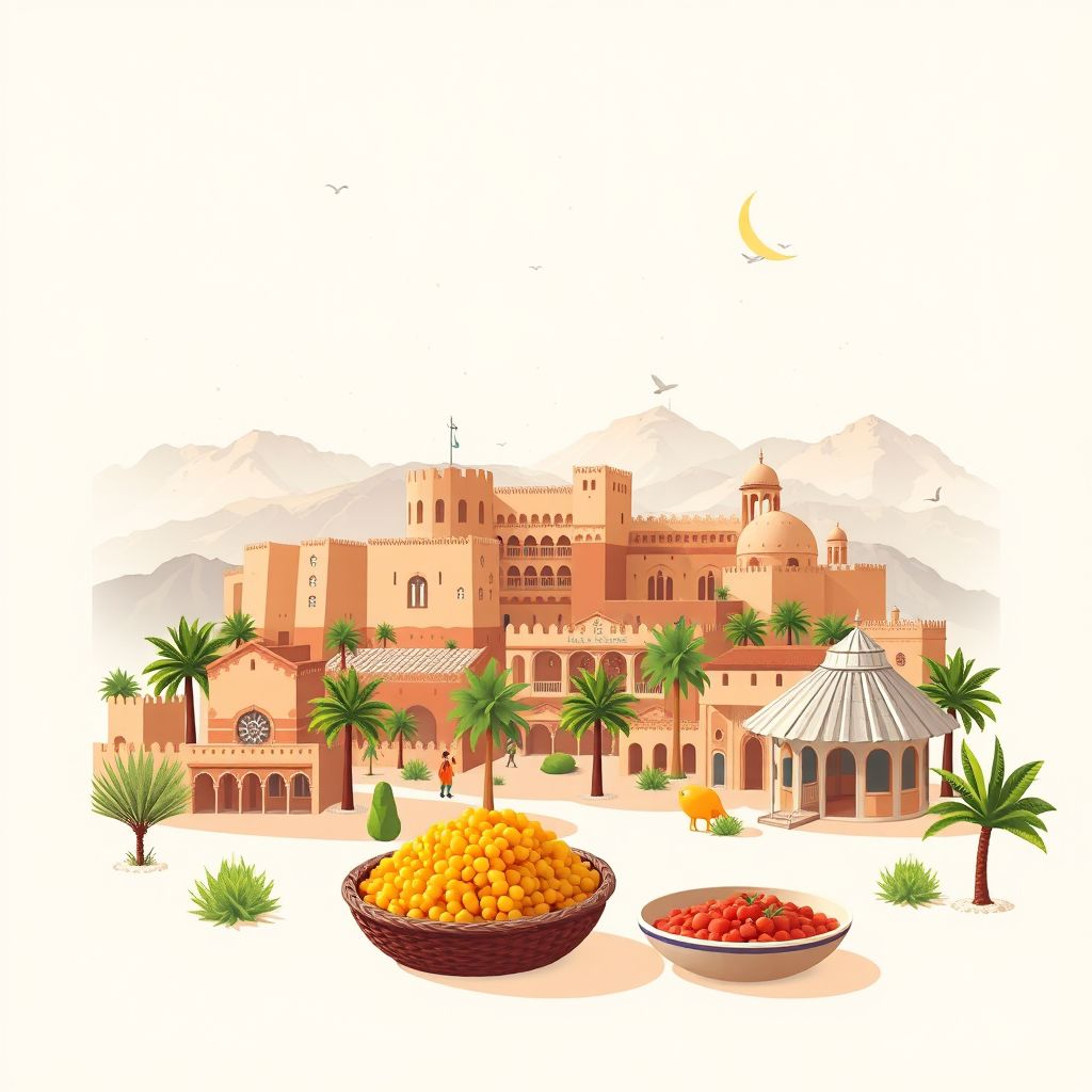 Ultra-high-definition gradient illustration of Commune de Mocta Douz, featuring the historic Kasbah of Mascara and the Tlemcen Mountains.