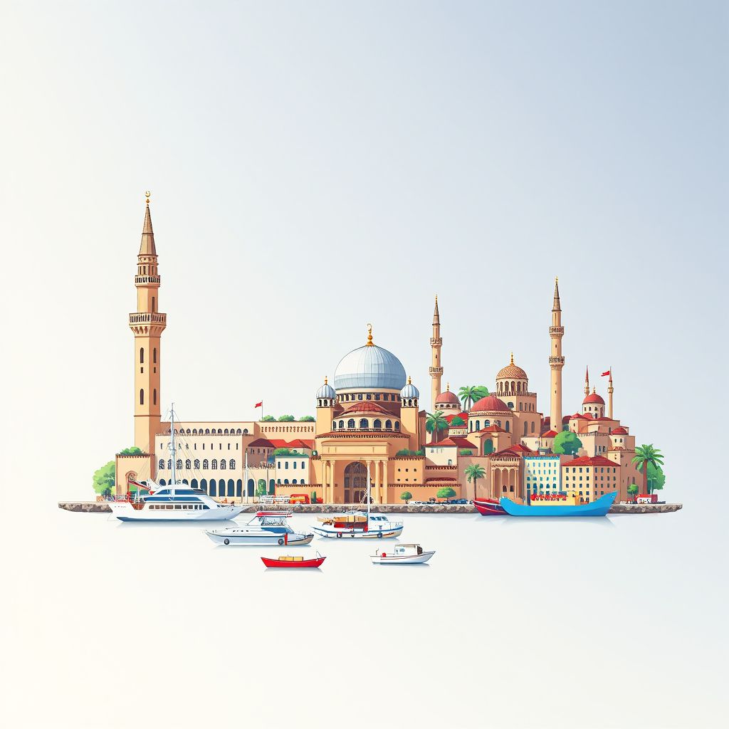 Ultra-high-definition gradient illustration style Commune de Misserghin illustration, showing the unique charm of the Great Mosque of Oran, the Port of Oran, and the historic Casbah of Oran.