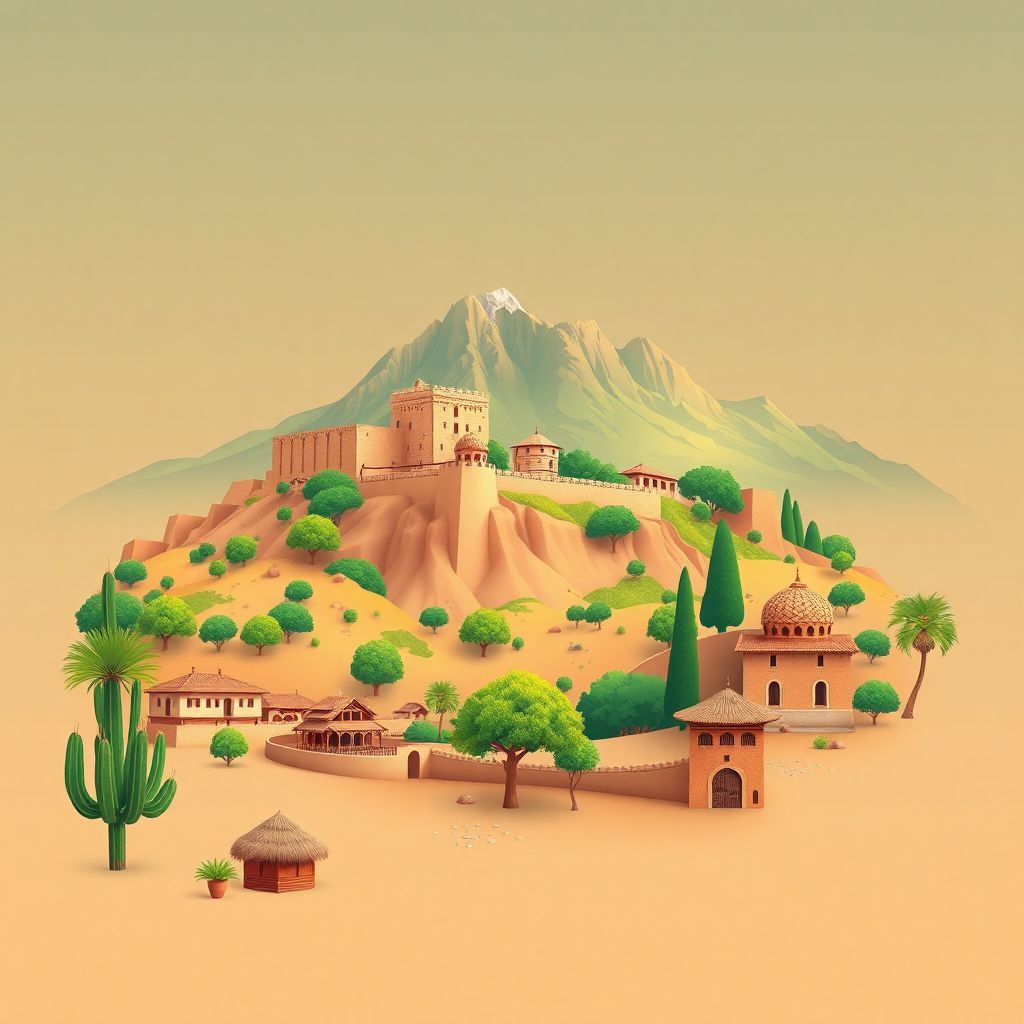 Ultra-high-definition gradient illustration of Daira de Miliana, Ain Defla, Algeria, featuring the Miliana Fortress, Zaccar Mountains, and traditional Algerian cuisine.