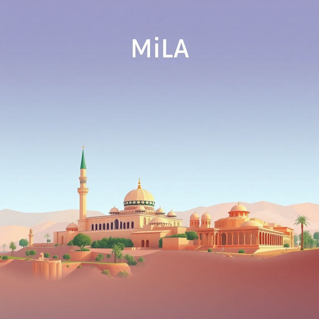 Ultra-high-definition gradient illustration of Mila, Wilaya de Mila, Algeria, featuring the Mila Mosque and ancient Roman ruins at Beni Fouda.