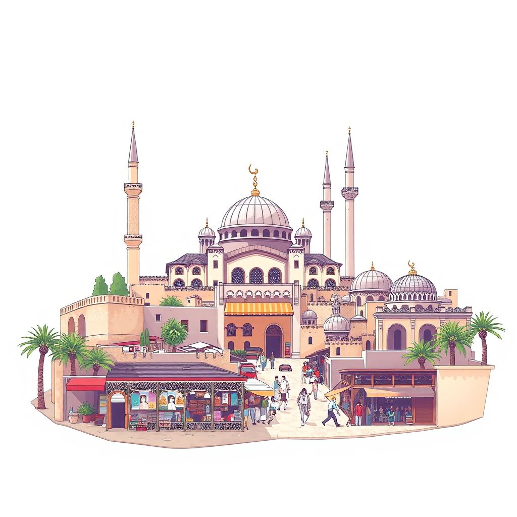 Ultra-high-definition gradient illustration style Commune de Mila illustration, showing the unique charm of the Great Mosque of Mila, the Roman ruins of Djemila, and the local market.