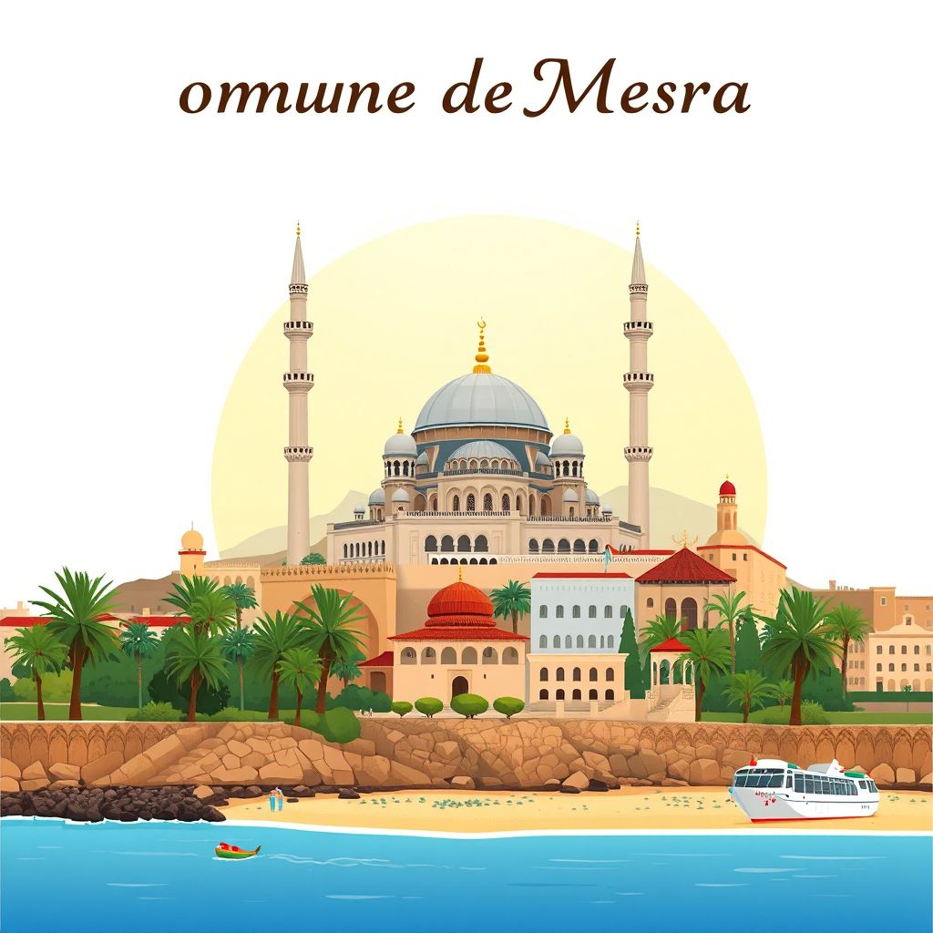 Ultra-high-definition gradient illustration of Commune de Mesra, featuring the Sidi Lakhdar Mosque, beautiful beaches, and couscous.