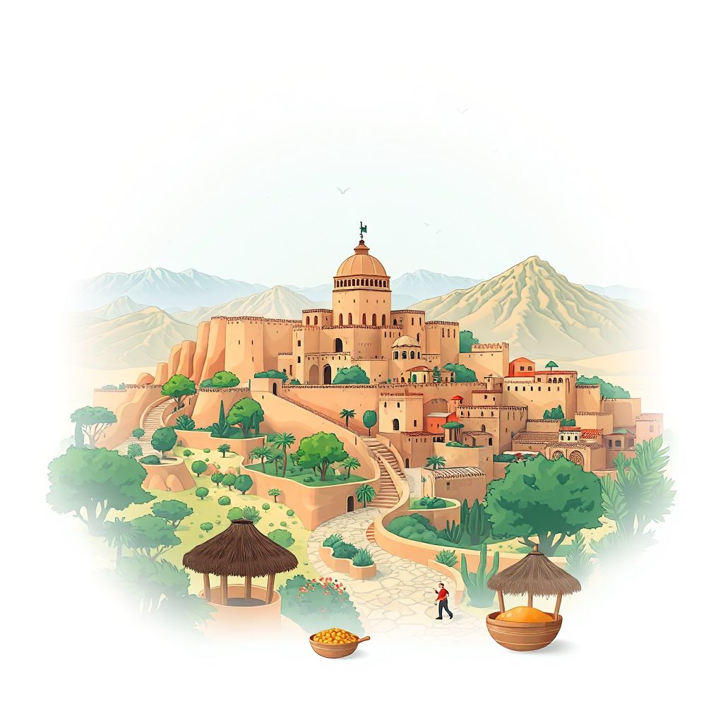 Ultra-high-definition gradient illustration style Commune de Meskiana illustration, showing the unique charm of the historic Kasbah of Meskiana and the surrounding mountains.
