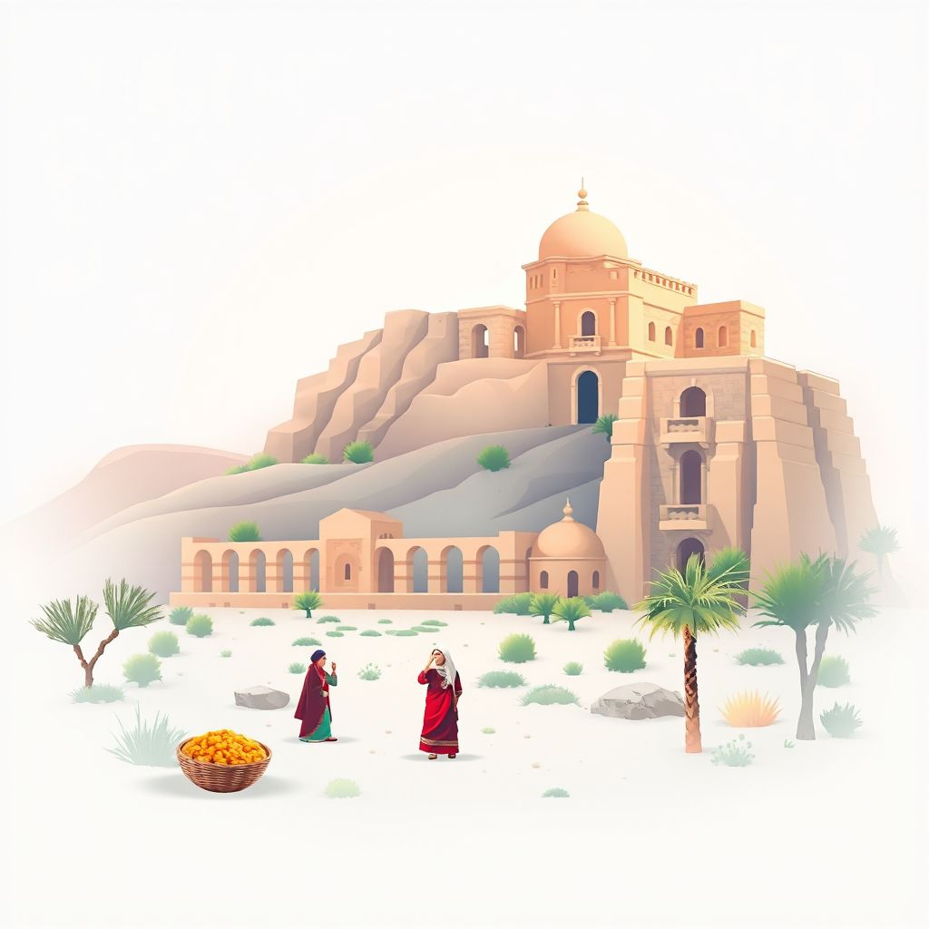 Ultra-high-definition gradient illustration style Daira de Merouana illustration, showing the unique charm of the Timgad Roman Ruins and traditional Berber clothing.