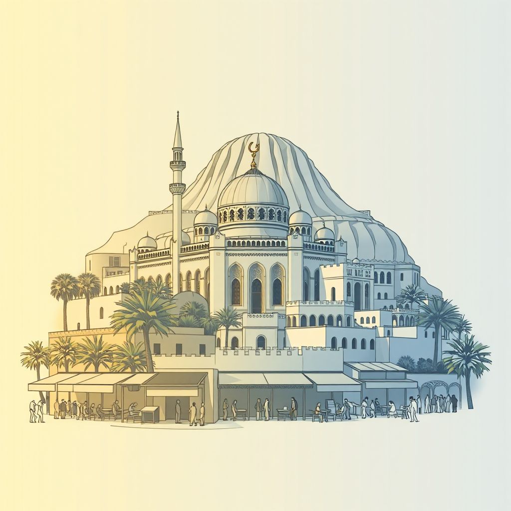 Ultra-high-definition gradient illustration style Commune de Merouana illustration, showing the unique charm of the Merouana Mosque, the ancient ruins of Djebel Merouana, and the local market.