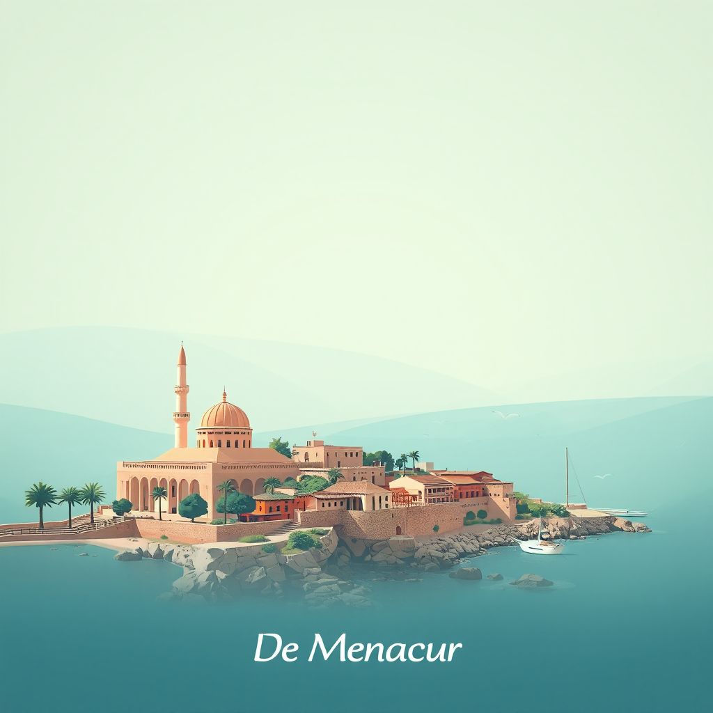 Ultra-high-definition gradient illustration style Commune de Menaceur illustration, showing the unique charm of the Tipaza Archaeological Site and the Mediterranean coastline.