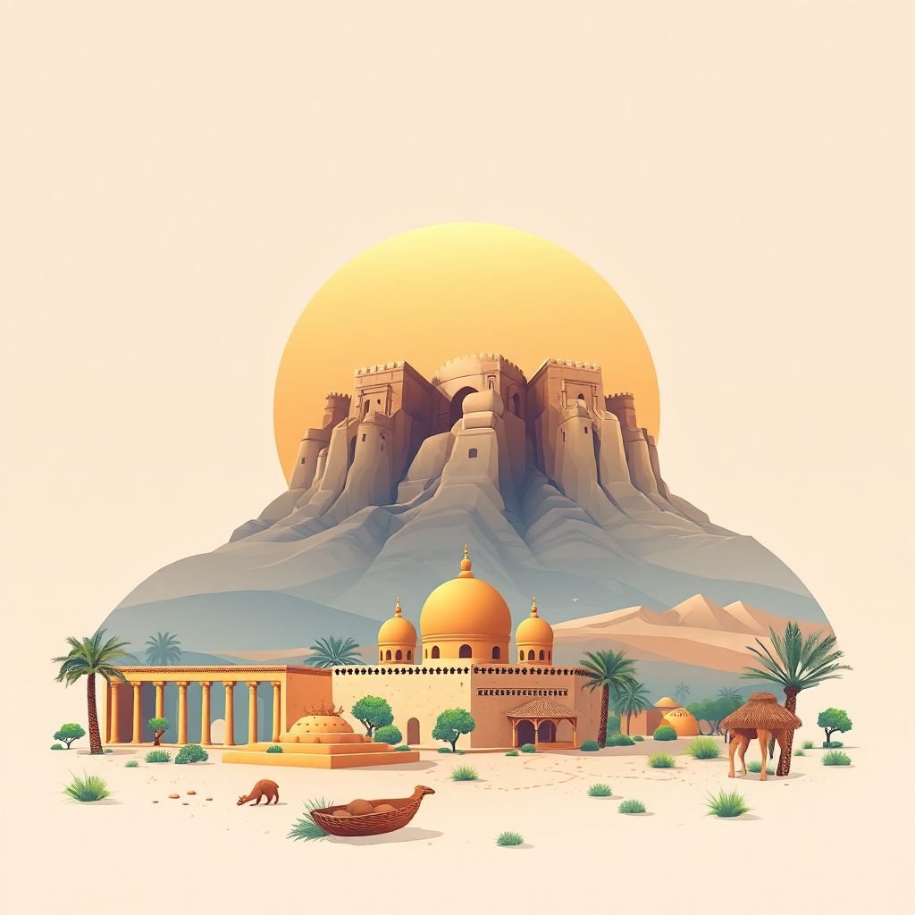 Ultra-high-definition gradient illustration style Commune de Mekmene Ben Amar illustration, showing the unique charm of the ruins of Timgad and the Sahara Desert.