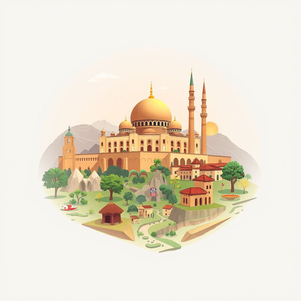 Ultra-high-definition gradient illustration of Commune de Mekla, featuring the Great Mosque of Tizi Ouzou and the Djurdjura National Park.