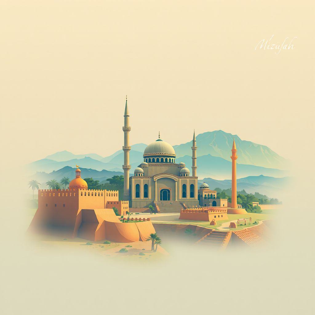 Ultra-high-definition gradient illustration style Commune de Meftah illustration, showing the unique charm of the Meftah Mosque and the Mitidja Plains.