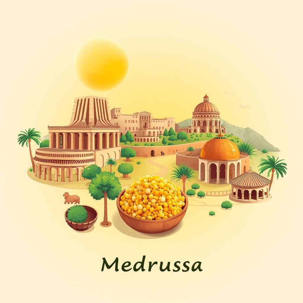 Ultra-high-definition gradient illustration style Commune de Medroussa image, showing the unique charm of the historic ruins of Tiaret, the beautiful landscapes of Medroussa, and couscous.