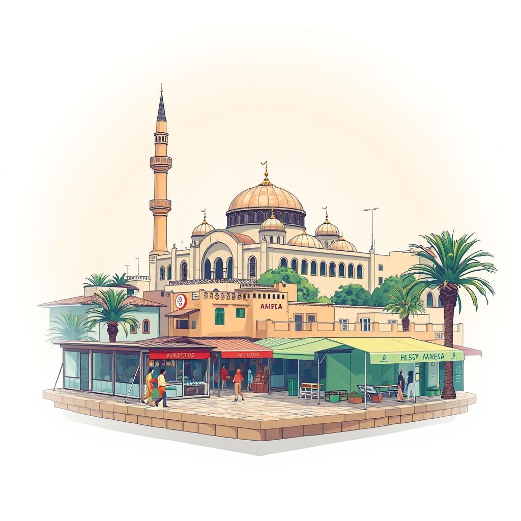 Ultra-high-definition gradient illustration style Commune de Medrissa illustration, showing the unique charm of the Ain Kermes Mosque and the local traditional market.