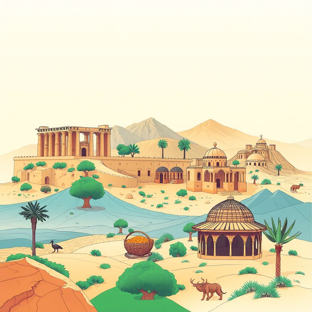 Ultra-high-definition gradient illustration style Commune de Medjedel illustration, showing the unique charm of the ruins of the ancient city of Tiaret, the Saharan Atlas, and traditional Algerian couscous.