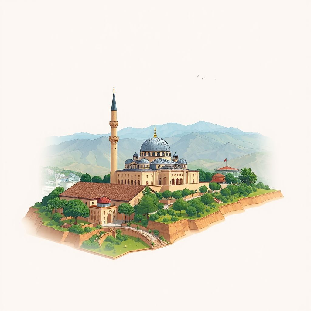 Ultra-high-definition gradient illustration style Commune de Medea image, showing the unique charm of the Sidi Amar Mosque and the surrounding hills.