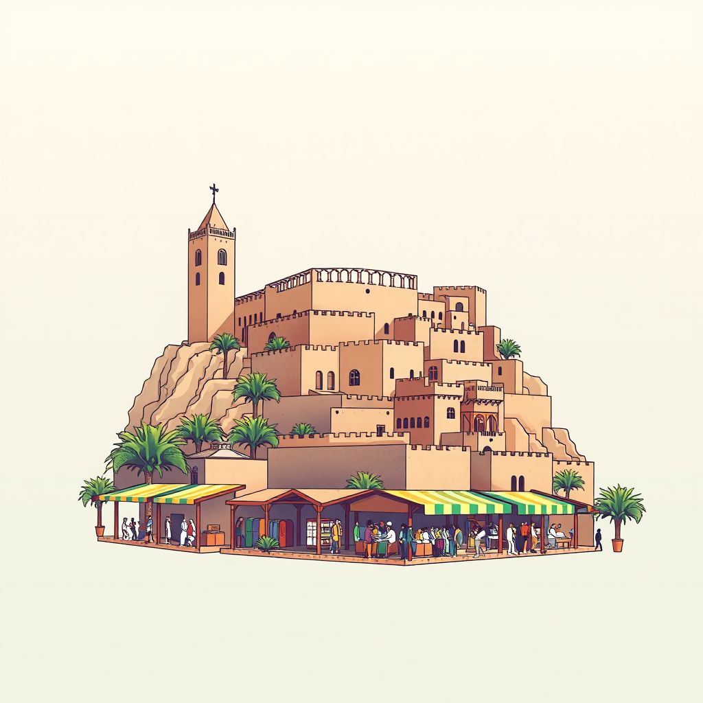 Ultra-high-definition gradient illustration style Commune de Mecheraa Asfa illustration, showing the unique charm of the historic Kasbah of Mechraa Sfa and the local traditional market.