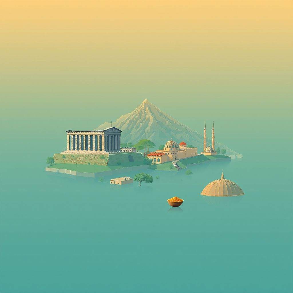 Ultra-high-definition gradient illustration style Commune de M'Cif illustration, showing the unique charm of the historic ruins of Tiddis, the scenic beauty of Djebel Amour.