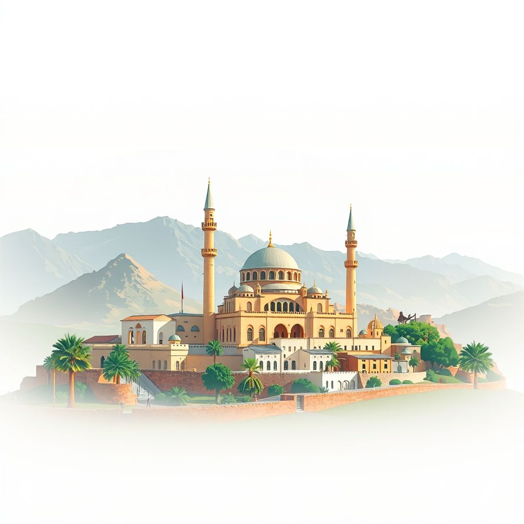 Ultra-high-definition gradient illustration style image of Commune de M'Chedallah, featuring the Bouira Mosque and surrounding mountains.
