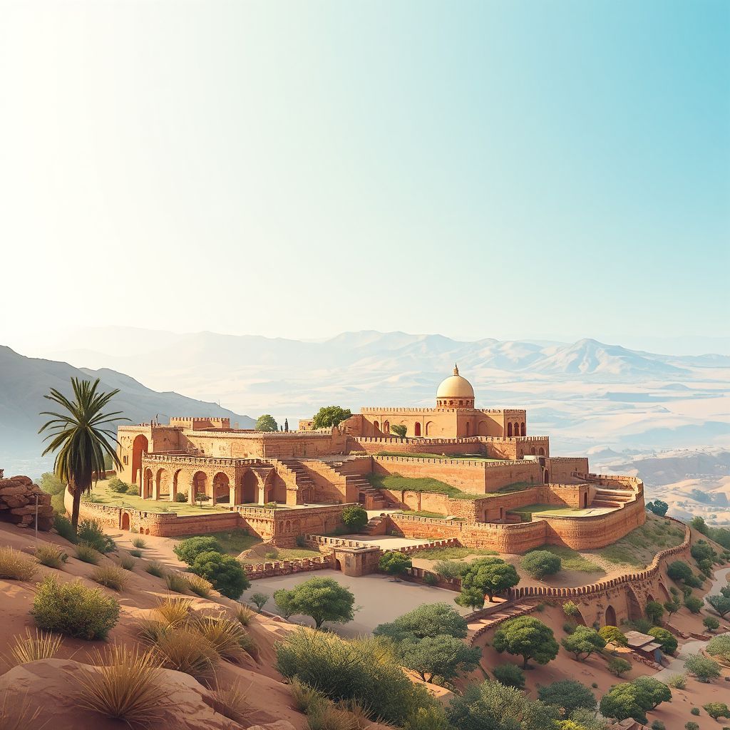 Ultra-high-definition gradient illustration style Commune de Mazouna illustration, showing the unique charm of the ruins of the ancient Roman city of Tiddis, and the beautiful landscapes of the surrounding countryside.