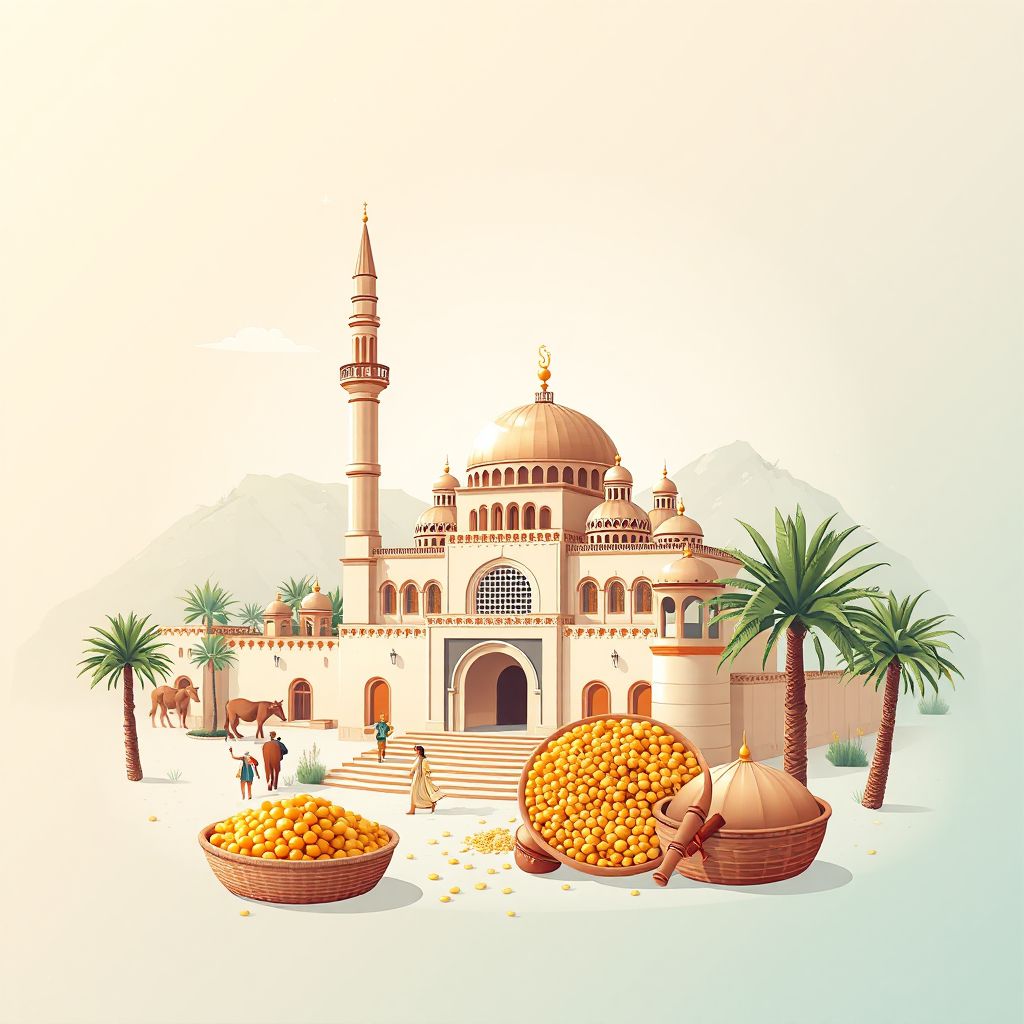 Ultra-high-definition gradient illustration style Commune de Matemore illustration, showing the unique charm of the Mascara Mosque and couscous.