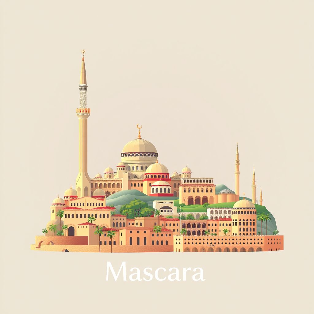 Ultra-high-definition gradient illustration of Mascara, featuring the Great Mosque of Mascara and the historic city center.