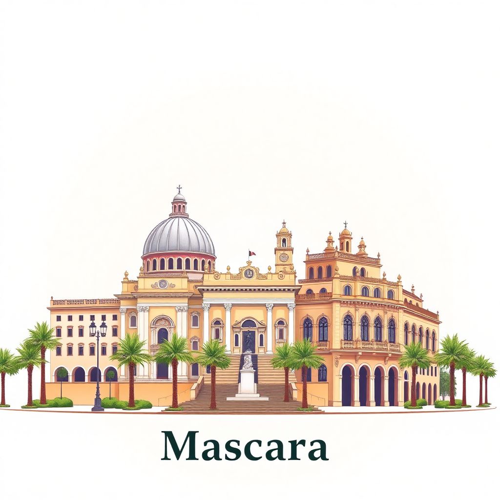 Ultra-high-definition gradient illustration style Mascara illustration, showcasing the unique charm of the Mascara Museum and historic French colonial architecture.