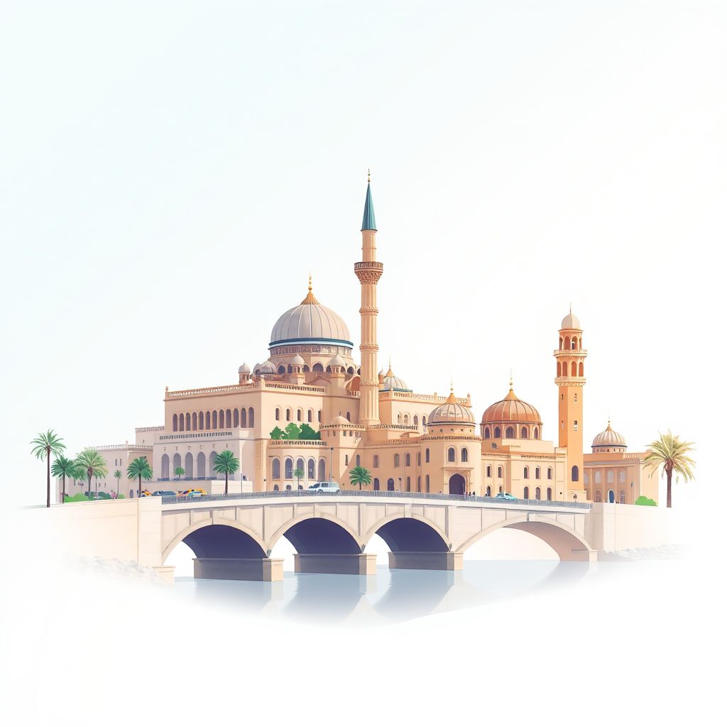 Ultra-high-definition gradient illustration style Commune de Mascara illustration, showing the unique charm of the Mascara Mosque, the Mascara Bridge, and the Mascara Museum.