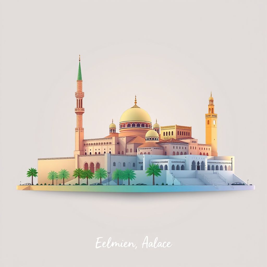 Gradient illustration of Commune de Marsa Ben Mehidi, featuring the Great Mosque of Tlemcen and the El Mechouar Palace.
