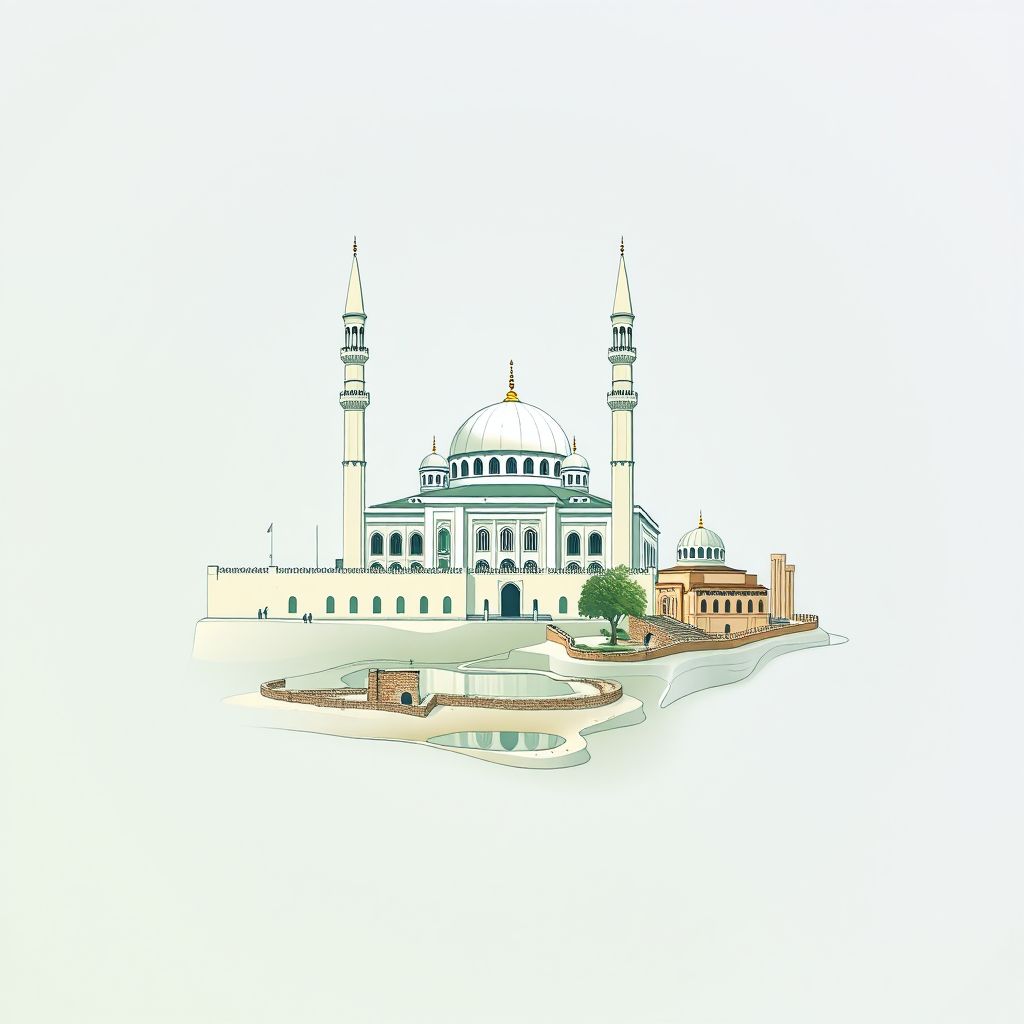 Ultra-high-definition gradient illustration of Commune de Mansourah, featuring the Great Mosque of Bordj Bou Arreridj and historic ruins.