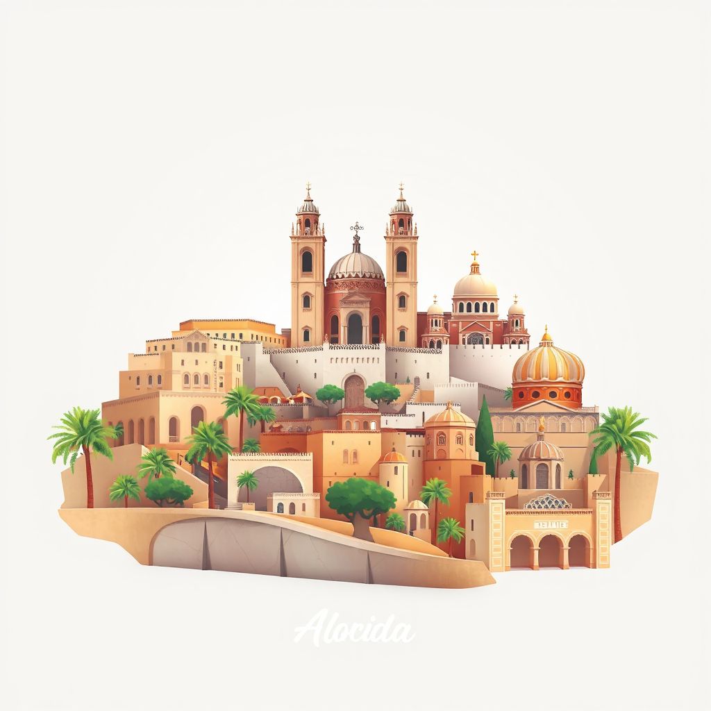 Ultra-high-definition gradient illustration style Commune de Mahelma illustration, showing the unique charm of the Notre-Dame d'Afrique, the Casbah of Algiers, and the Bardo National Museum of Prehistory and Ethnography.