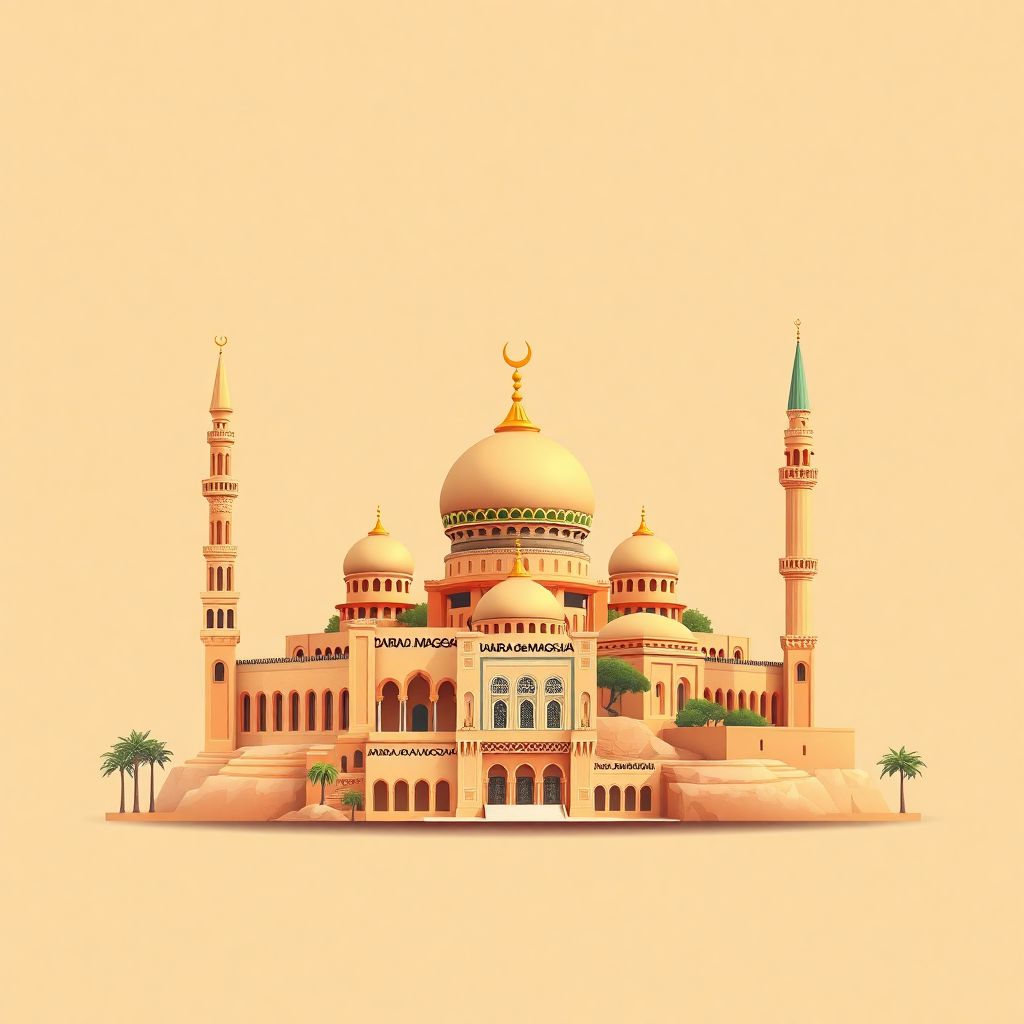 Ultra-high-definition gradient illustration of Daira de Maghnia, Tlemcen, Algeria, featuring the Great Mosque of Tlemcen and Tlemcen National Park.