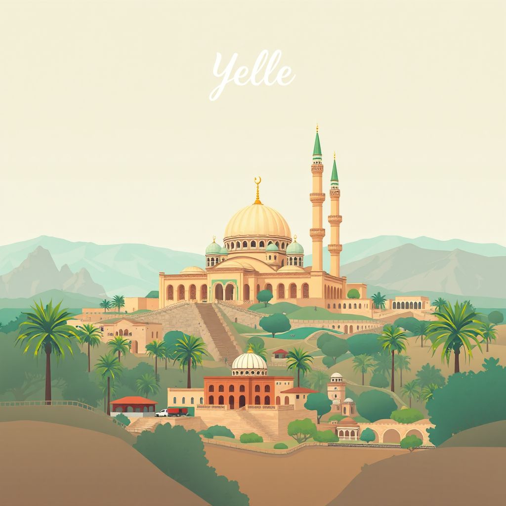 Ultra-high-definition gradient illustration style Yellel illustration, showing the unique charm of the Yellel Mosque and the beautiful landscapes of the region.