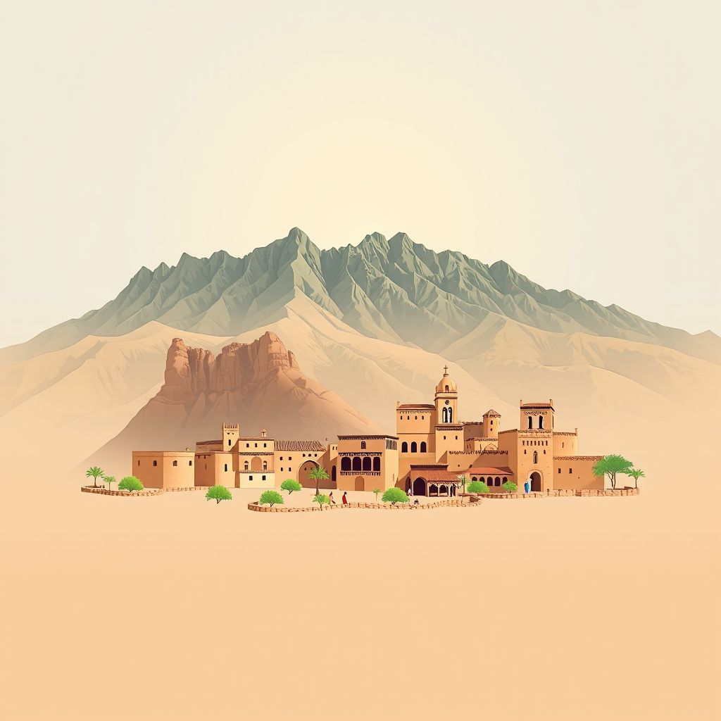 Ultra-high-definition gradient illustration of Daira de L'Arbaa Nait Irathen, Tizi Ouzou, Algeria, featuring the Djurdjura Mountains and traditional Berber architecture.