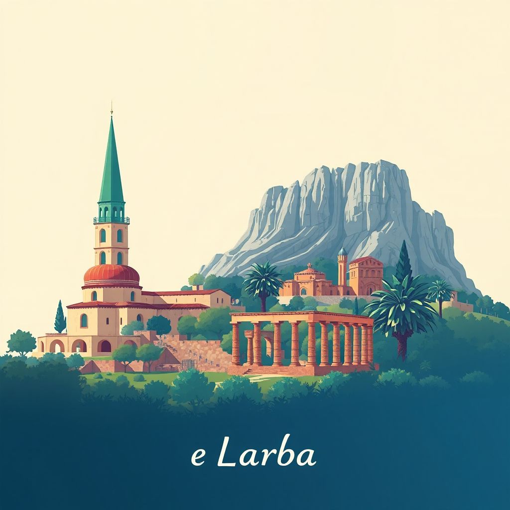 Ultra-high-definition gradient illustration style Commune de Larba illustration, showing the unique charm of the Blida Botanical Garden and the historic ruins of the Roman city of Altava.
