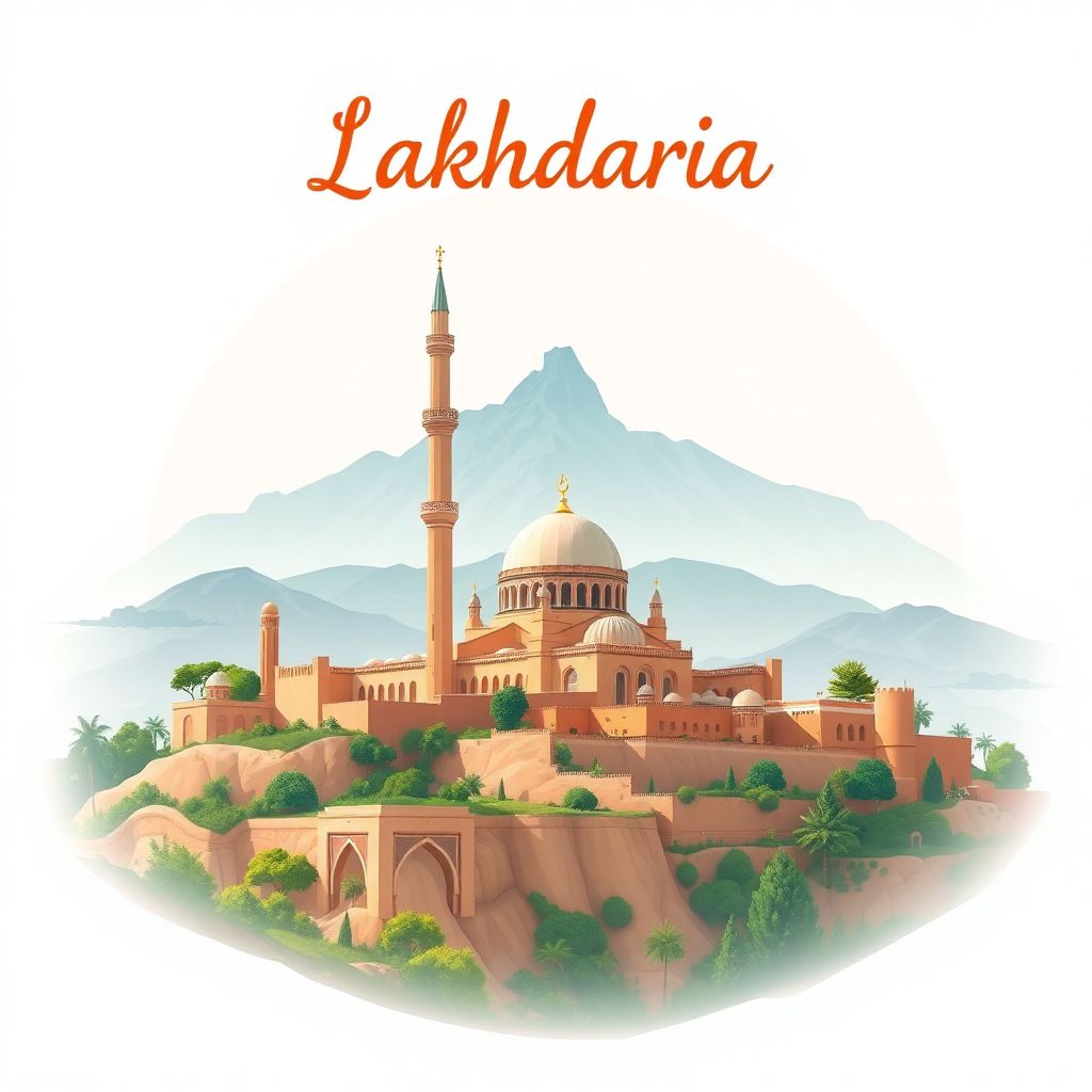 Ultra-high-definition gradient illustration of Lakhdaria, Bouira, Algeria, featuring the Lakhdaria Mosque and Chréa National Park.